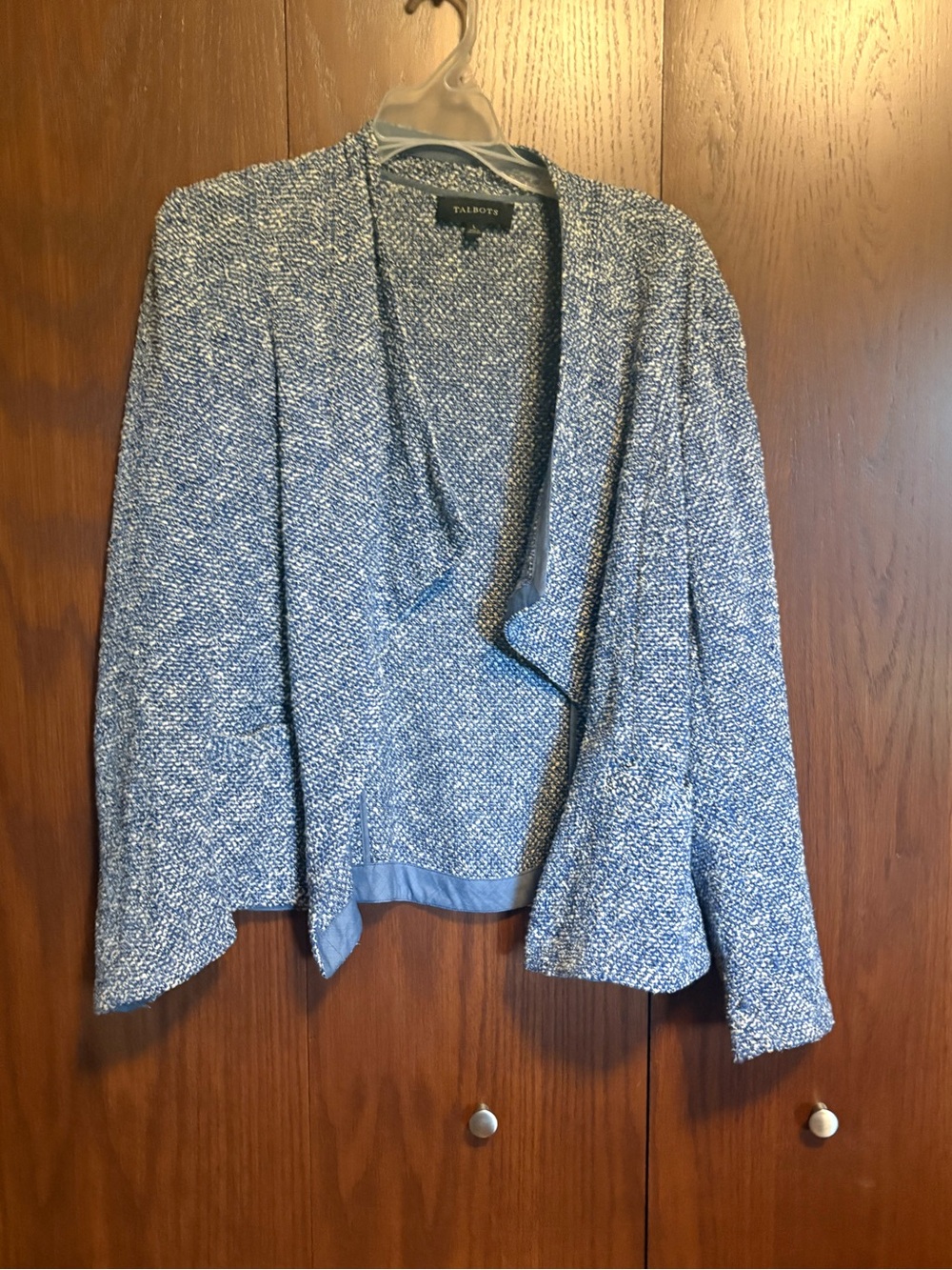 Talbots Blue and White Tweed Open-Front Cardigan